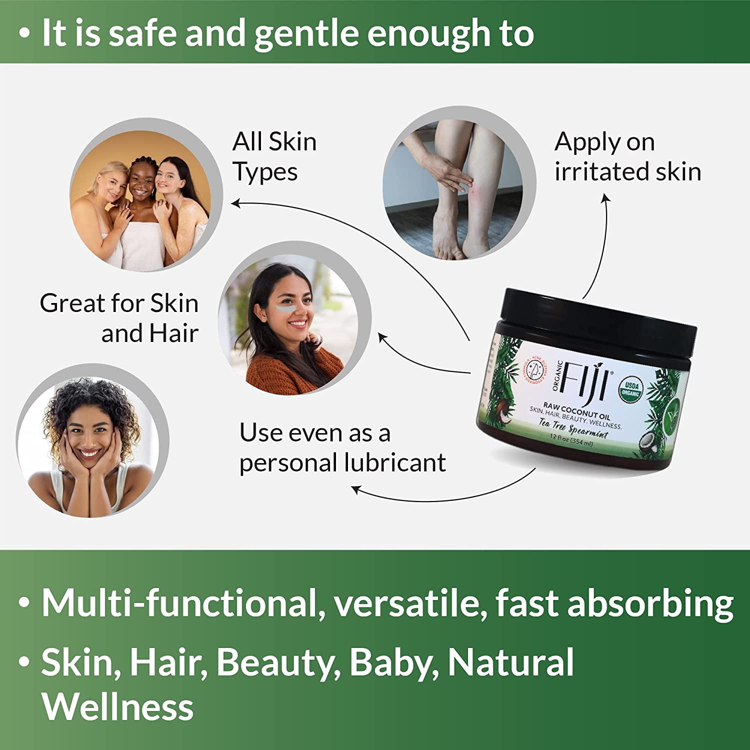 Raw Cold Pressed Coconut Oil for Hair, Skin, Face & Body | Relaxing Massage Oil | Tea Tree Spearmint,12 oz for Women Men & Baby