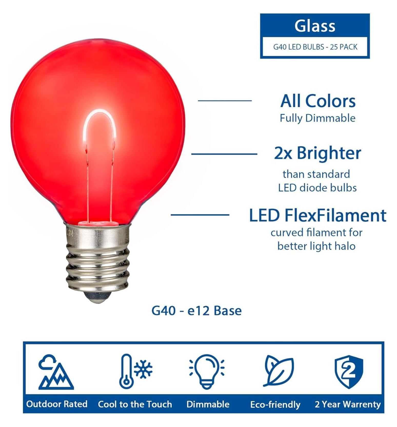 25 Pack G40 LED Glass Flex Filament Outdoor Patio Globe Replacement Bulbs, Red/White/Blue, Dimmable, E12/C7 Base, 0.8 Watt