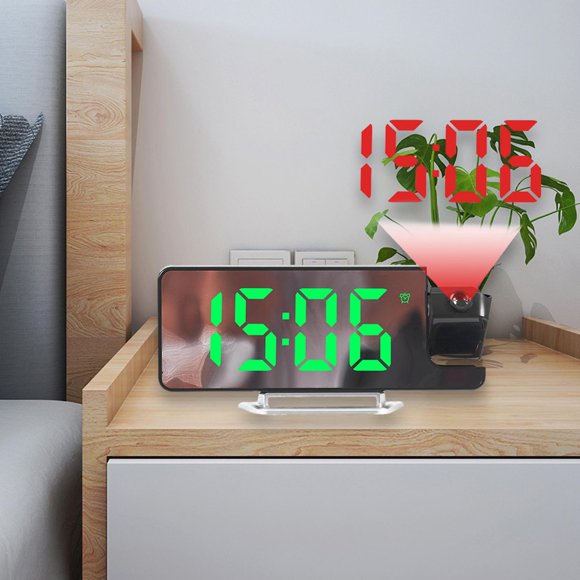 Reloj despertador de proyección con pantalla LED grande, espejo, día, fecha, reloj Digital, luz nocturna para el hogar, escritorio, dormitorio, niños Verde Macarena Reloj despertador digital