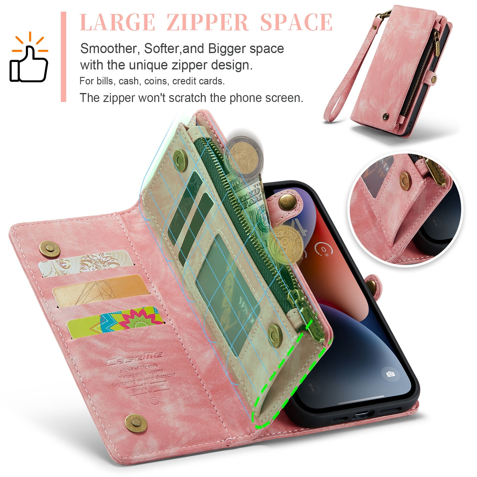 Samsung Galaxy A53 5G Wallet Case for Women Men, Dteck Heavy Duty PU Leather Flip Case Detachable Phone Cover with 8 Card Slots Zipper Purse with Wrist Strap for Samsung Galaxy A53 5G,Pink