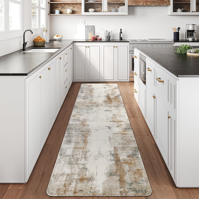 Aonewoe Modern Abstract Hallway Runner Rug 2x10, Washable Runner Rug, Non Slip Kitchen Runner Rugs, Soft Carpet Runners for Hallway Kitchen Bathroom Bedroom Entryway (Beige)