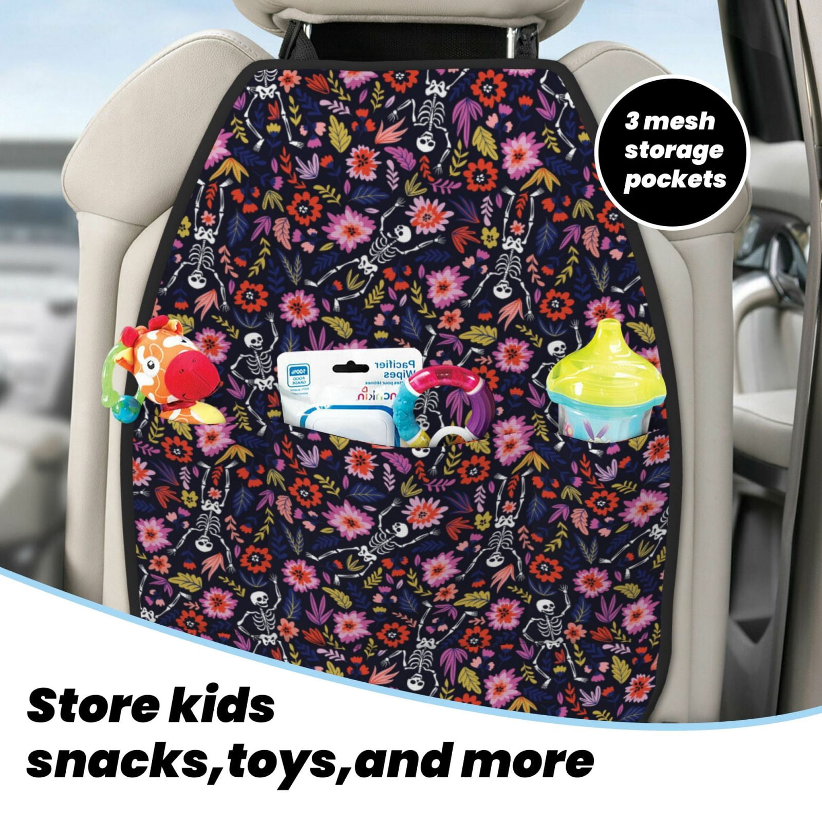 Kdxio Dancing Skeletons Floral Garden Print 2 Pack Car Kick Mat Seat Cover Back Protector Mat with Pockets for Organizer Backseat Protector and Storage Anti Kick Pad for Vehicles