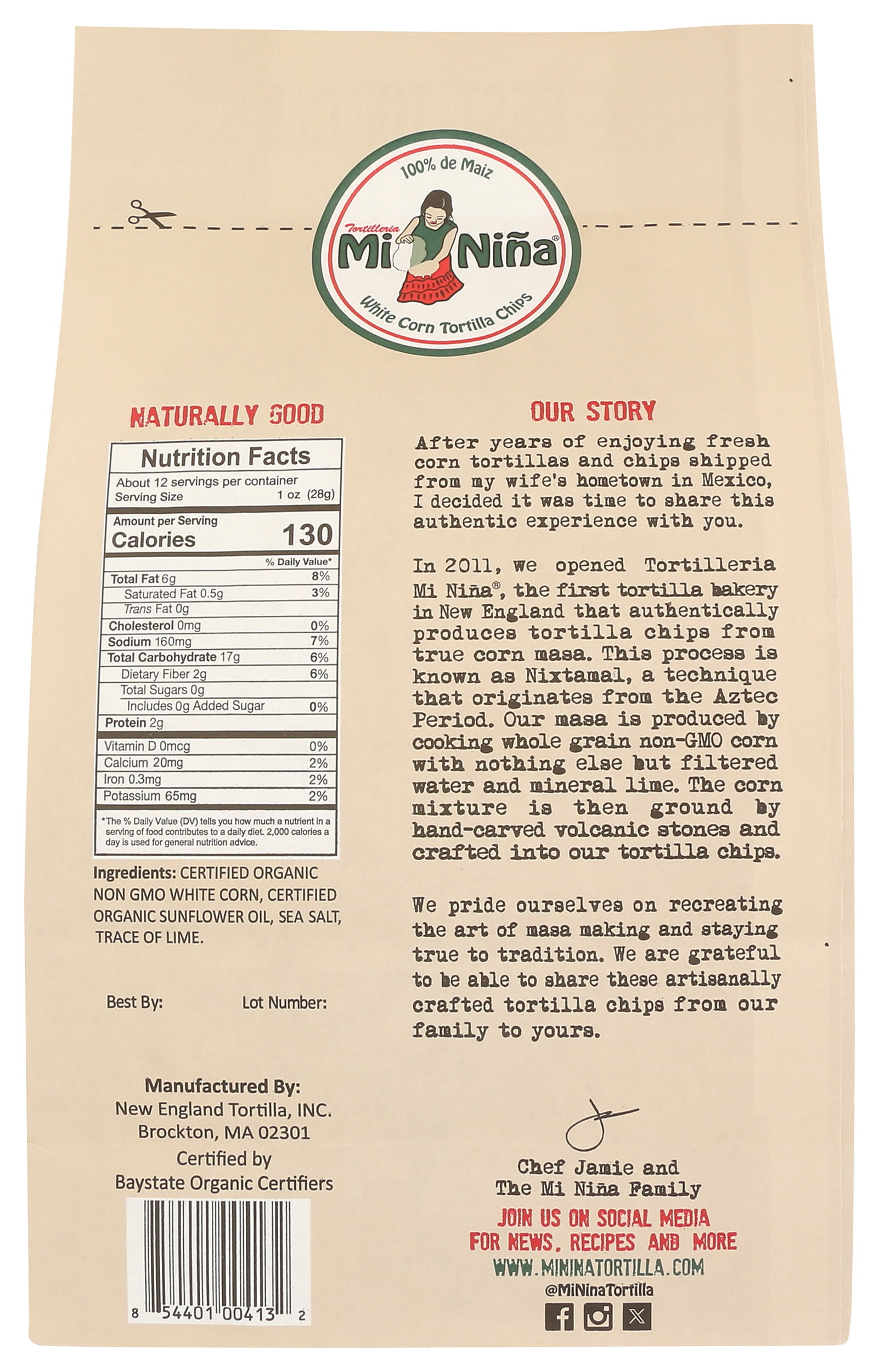 Pack of 9, Mi Nina Organic Sea Salt White Corn Tortilla Chips, 12 oz