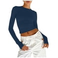 thumbnail image 1 of Blusa de mujer de color liso con cuello redondo y manga larga - Top ajustado con detalle de botones, 85 % nailon/15 % spandex para uso diario, 1 of 8