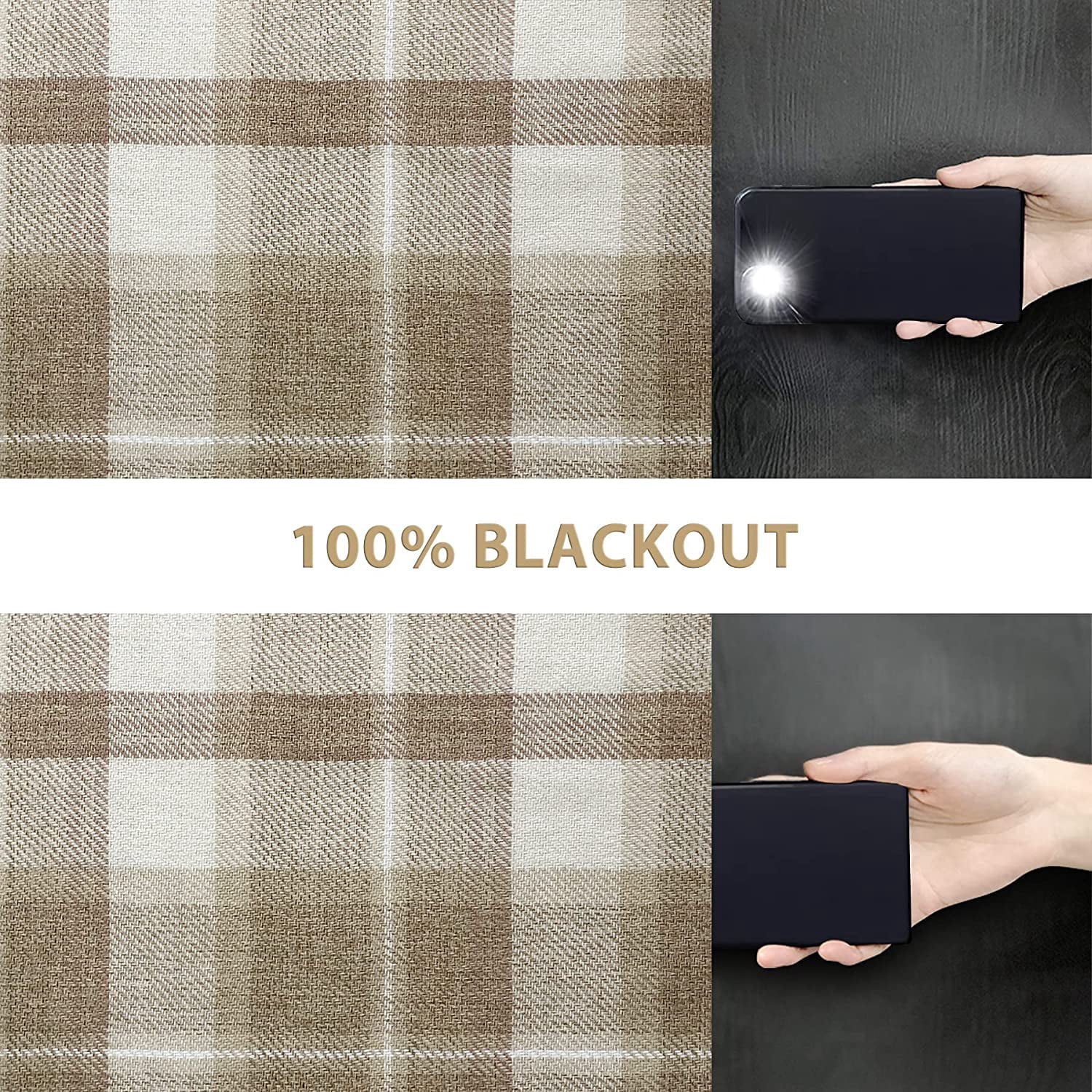 Bedroom Living Room Plaid Curtains 100% Blackout Heat Insulation Energy Saving Grommet Curtains Beige Plaid Curtains 42"W x 84"L (Pack of 2)