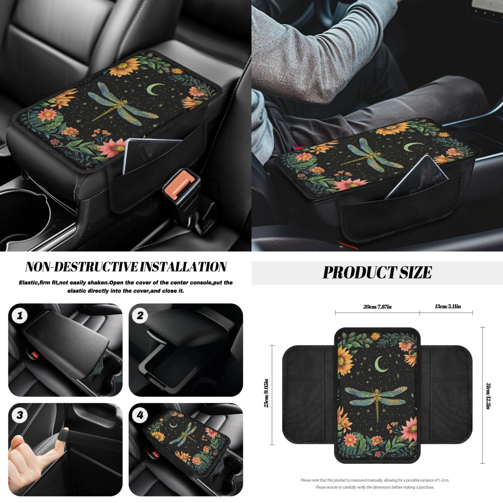 Jeiento Dragonfly Car Seat Cover Set 14 PCS with Steering Wheel Cover Seat Belt Pads Waste Basket Bin Flowers Rearview Mirror Cover Cup Holder Center Console Cover Handbrake Cover Gear Shift Cover
