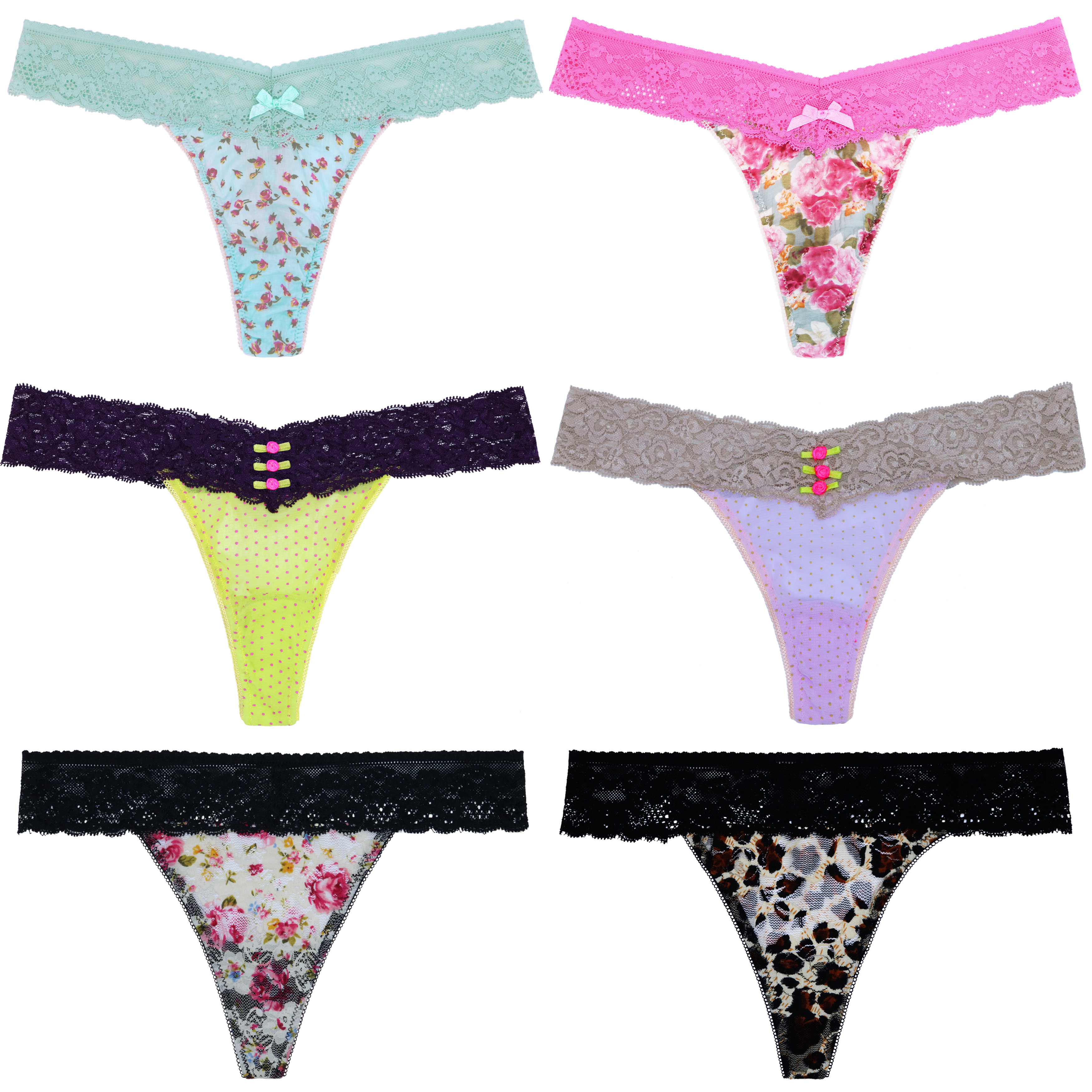 Curve Muse Pack Of 6 Women's Sexy Lace Thongs Low Rise PantiesPACK AS
