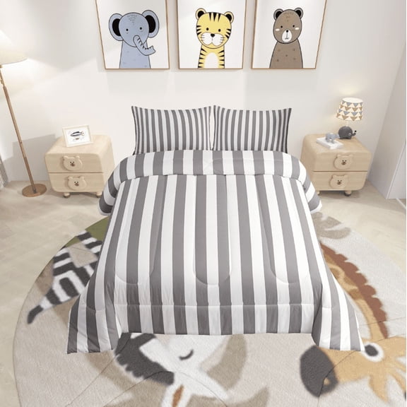 Erosebridal Grey Stripes Bedding Sets Twin with Comforter, Geometry Abstract Duvet Insert, Minimalism Reversible Comforters & Duvets, Microfiber Bedroom Decoration, 2pcs