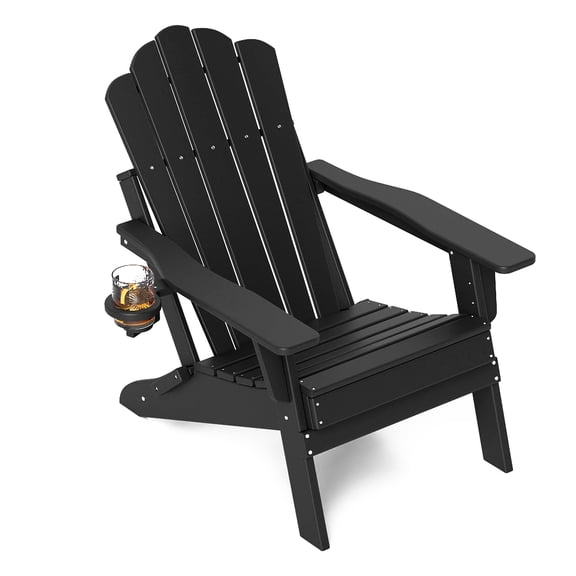 FOOWIN Adjustable Backrest Folding Adirondack Chair with Cup Holder, HDPE Weather Resistant Fire Pit Chair, Black