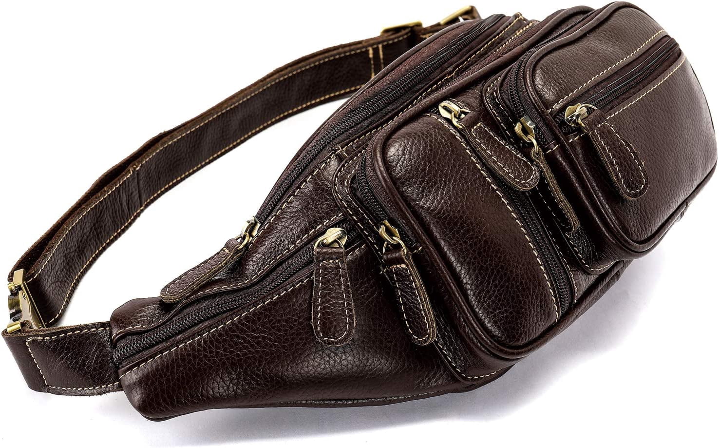 MARRANT Genuine Leather Fanny Pack for Men, Large Capacity Crossbody Waist Bag with Multiple Zipper Pockets, Coffee