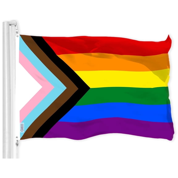 G128 LGBT 3x5 ft Progress Rainbow Pride Flag LiteWeave Pro Series, 150D Polyester, Indoor/Outdoor, Brass Grommets