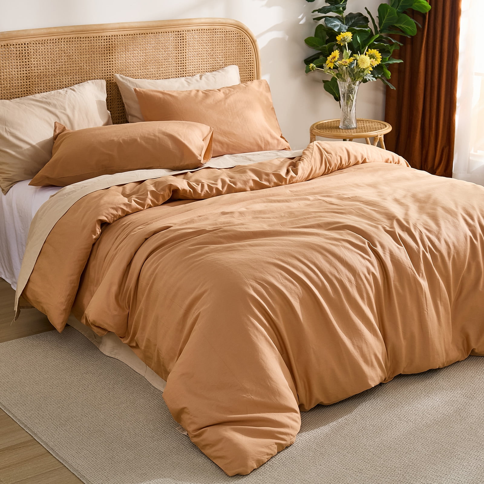 100% Washed Cotton Duvet Cover –Burnt orange, Linen-Like Texture, Super Soft & Breathable Bedding Set, 3-Piece Durable Percale Comforter Cover