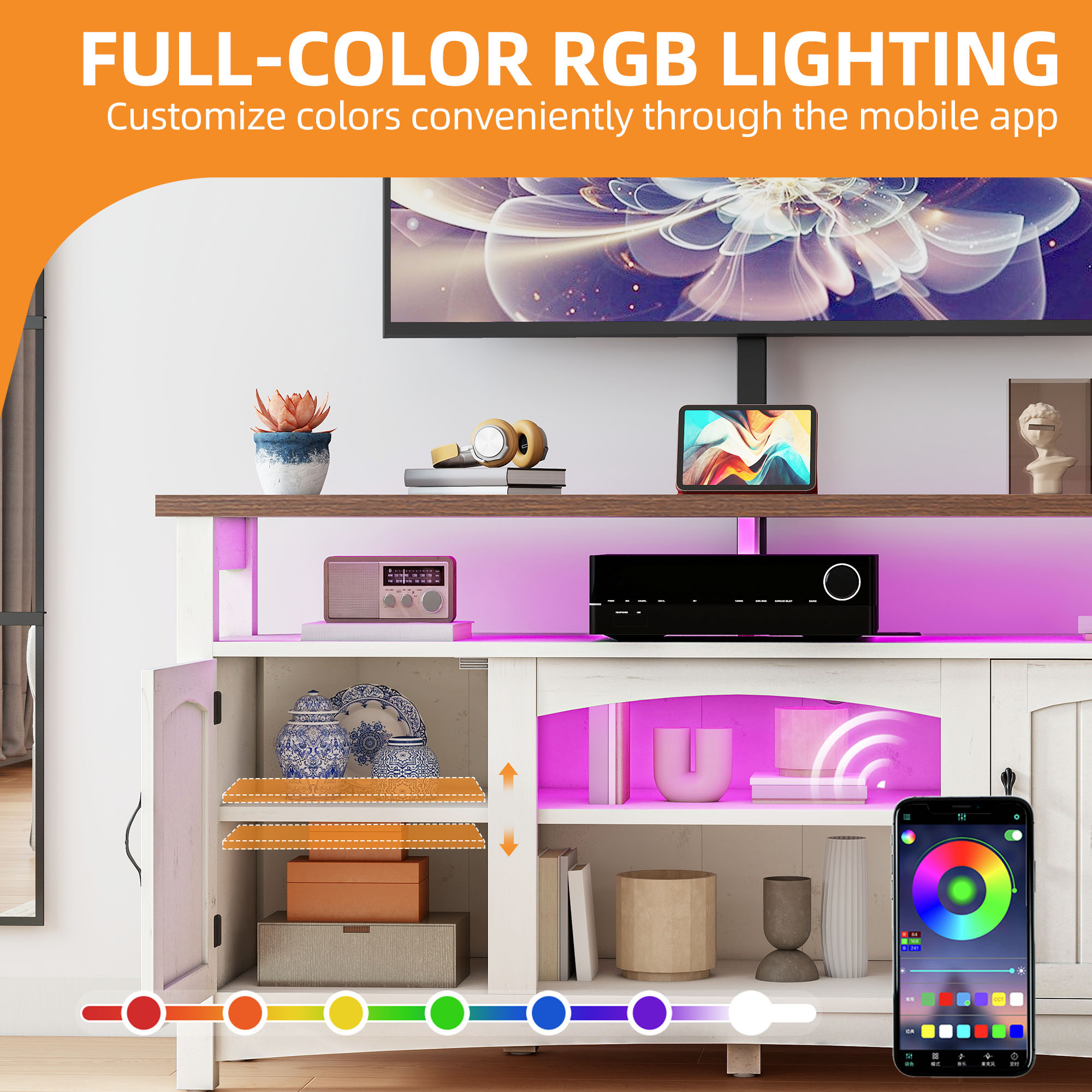 Craftian TV Stand with Mount & LED Lights, Farnhouse Entertainment Center with Power Hub for 70 Inch TV, Warm White