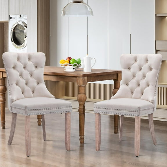 JESTOP Velvet Dining Chairs Set of 2, Tall Back Side Chair, Modern Upholstered High-end Tufted Side Chair with Button Back Ring, Solid Wood Legs (Beige)