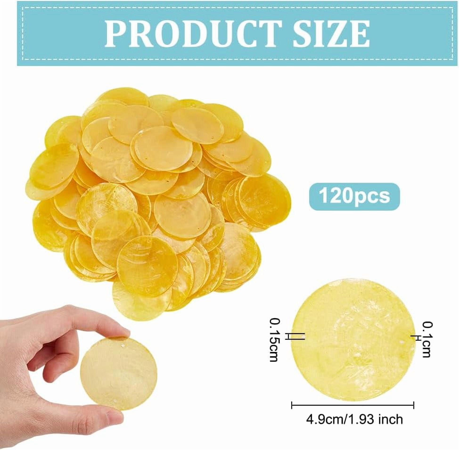 120Pcs Yellow Flat Round Shells Pieces 2 Inch Gold Natural Shells with 2 Holes Natural Capiz Shell Charms Round Slice Shell Disc Coin Beads
