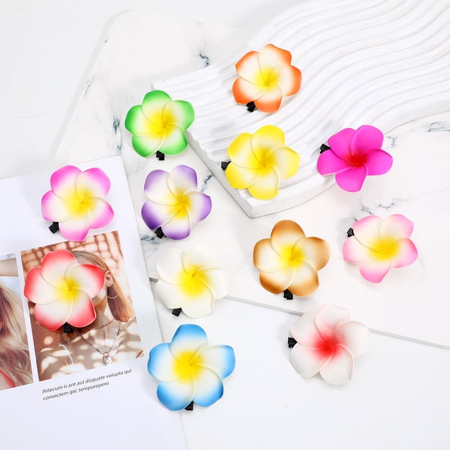Pinzas para el cabello con flores de plumeria vibrantes para mujer, accesorios de verano de estilo hawaiano, juego de 12 piezas