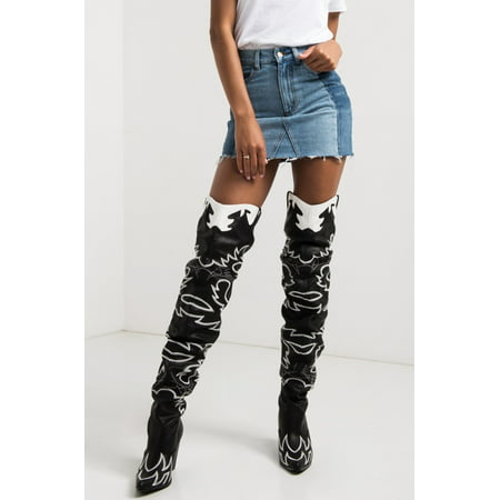 Cape Robbin Kelsey-21 BLACK WHITE ROCK STAR WESTERN POINTED OVER KNEE THIGH BOOT (Best Over Knee Boots For Skinny Legs)