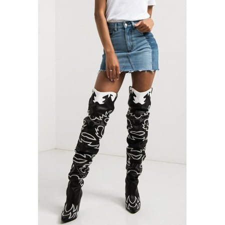 Ice Western Boots - Cape Robbin Kelsey-21 BLACK WHITE ROCK STAR WESTERN POINTED OVER KNEE THIGH BOOT (9)