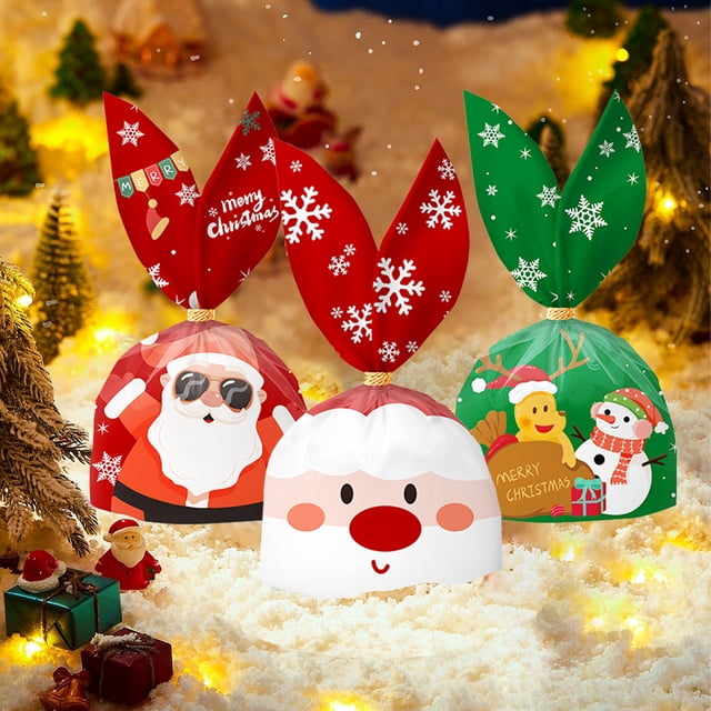 Bolsas de caramelos navideñas pack de 50 • Bolsas de plástico para snacks para galletas y golosinas • Suministros para fiestas navideñas de 16x28 cm Rojo Verde Blanco