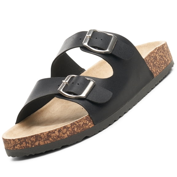 Alpine Swiss Womens Double Strap Contour Sandals Slip on Buckle Slides Vegan Leather Footbed Sandal Ergonomic Cork-Inspired Sole Summer Footwear