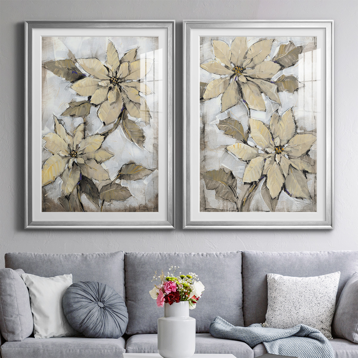 Wexford Home Poinsettia Study I Premium Framed Print, 18.5" x 24.5" - Ready to Hang, Silver (Set of 2)