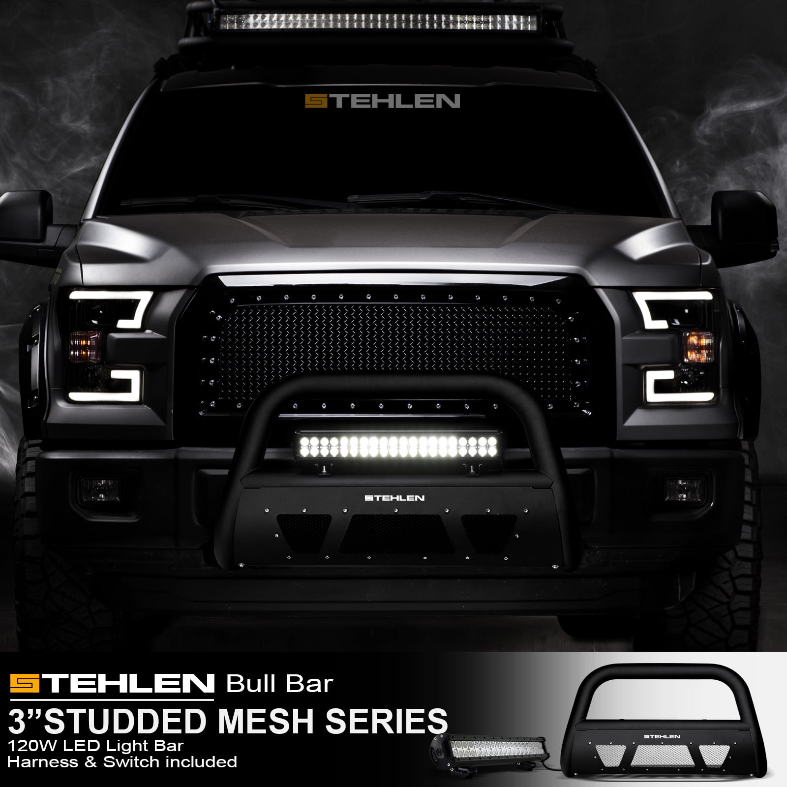 Stehlen 733469494591 3 Studded Mesh Series Bull Bar Matte Black with 120W CREE LED Lights Bar For 15-19 Chevy Colorado/GMC Canyon 