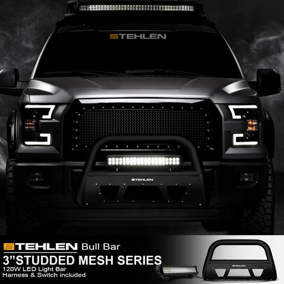 Stehlen 714937186996 3" Studded Mesh Series Bull Bar ( Matte Black ) with 120W CREE LED Light Bar For 2005-2021 Nissan Frontier / 2005-2007 Pathfinder / 2005-2015 Xterra