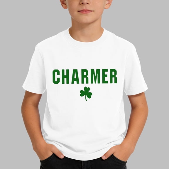 Girls St Patricks Day T-Shirt - White Shamrock Charmer Tee for Kids - Soft Holiday Top for Kids & Big Girl - Crewneck Short Sleeve Shirt,Size 6-7 T