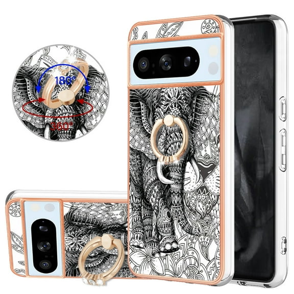 TECH CIRCLE For Google Pixel 8A Case with Stand,360 Rotatable Shiny Ring Holder Kickstand Soft TPU Girls Women Case Shockproof Protective Phone Case for Google Pixel 8A 6.1" 2023,Elephant