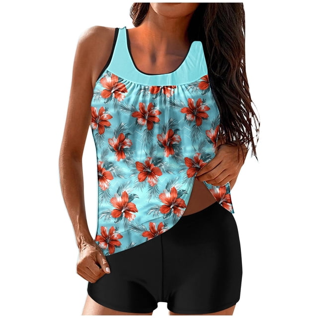 QTIOCIO Maillots de Bain pour Femmes, Maillots de Bain Grande Taille pour Femmes Rondes, Maillots de Bain pour Femmes, Ensemble de Mode Imprimé pour Femmes, Maillot de Bain Deux Pièces avec Shorts Multicolore m