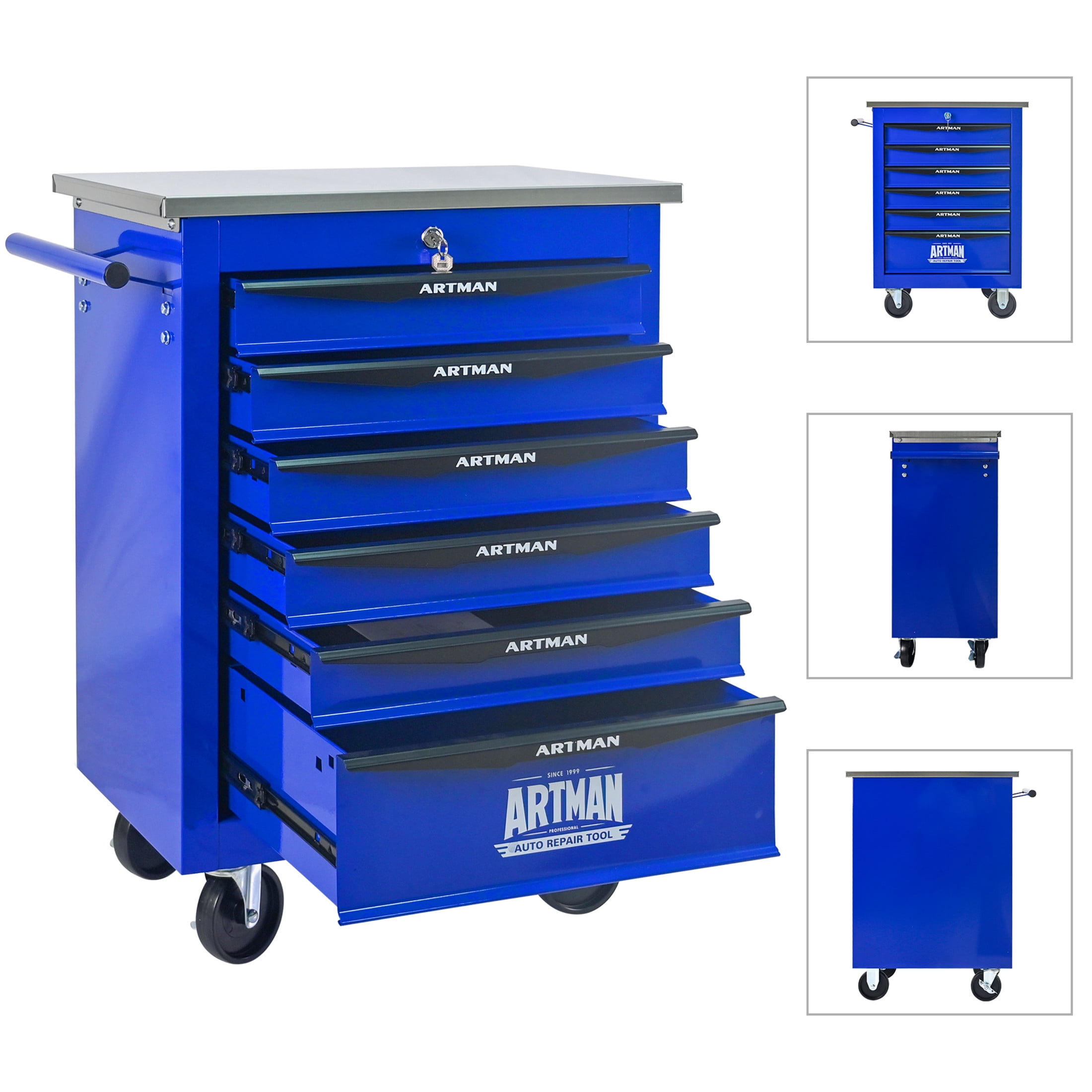 Noble House 6-Drawer Rolling Tool Organizer Cart, Steel Mobile Chest Storage with Worktop for Garage Workshop, Blue
