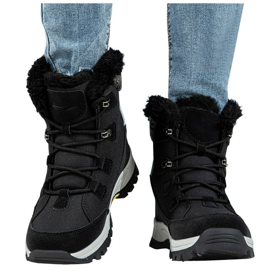 Womens High Top Snow Boots Lace up Anti-Slip Platform Furry Lined Thickened Warm Comfy Cold Weather Outdoor Winter Hiking Shoes Black 7