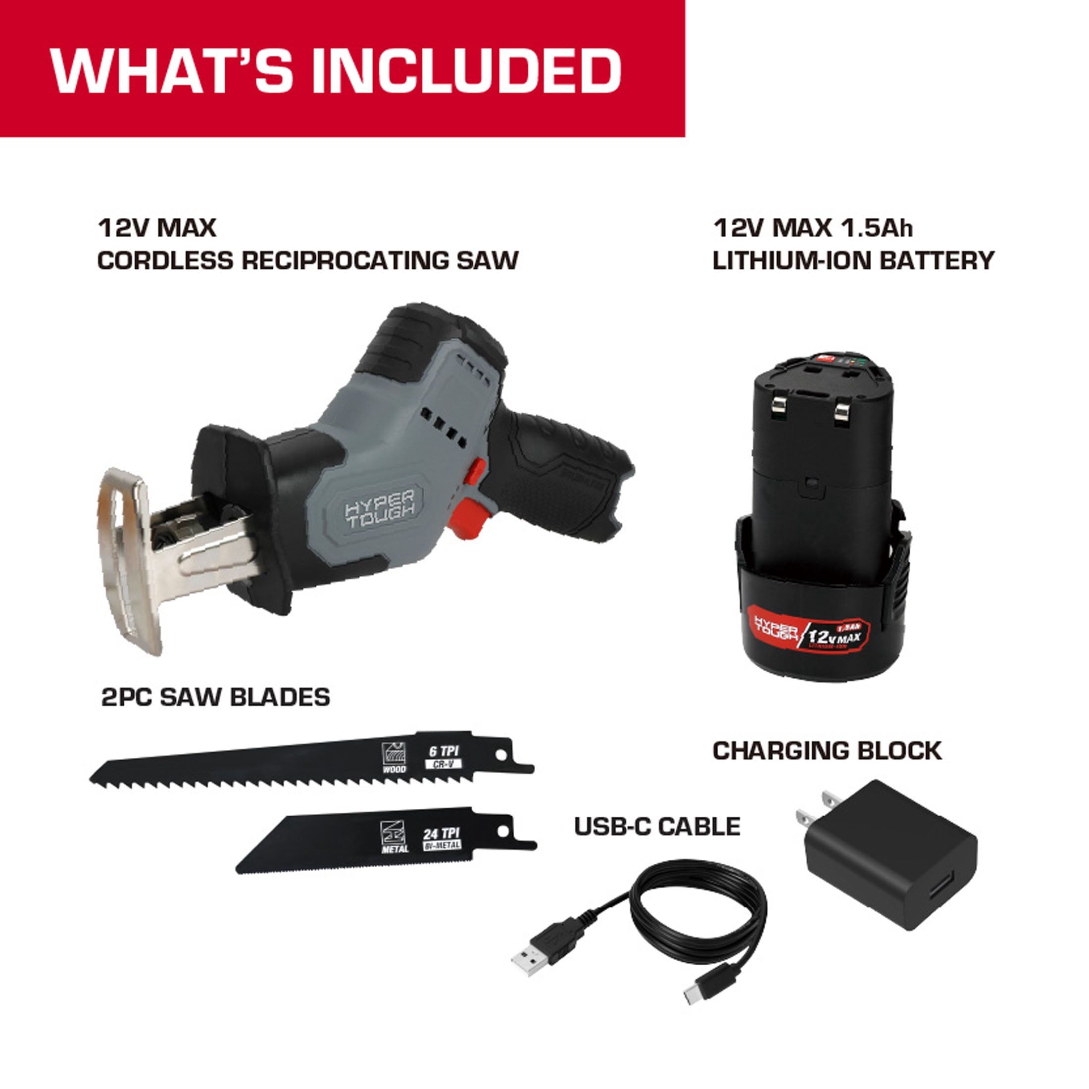 Hyper Tough 12V Brushless Cordless Reciprocating Saw with 1.5Ah Battery