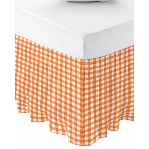Orange Wrap Around Bed Skirts for Queen Bed 16" Drop,Bed Skirt with Adjustable Elastic Belt Dust Ruffle Bed Valance for Bedroom Hotel Country French Rustic Buffalo Plaid Modern Art Bed Frame Cover