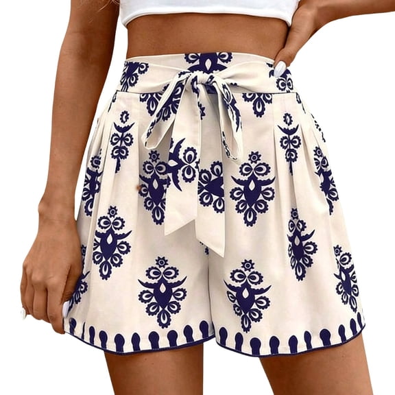Gsakboxl Linen Pants Women High Waisted Wide Leg Printed Shorts Tie Drawstring Baggy Lightweight Cotton Graphic Summer Beach Casual Shorts L