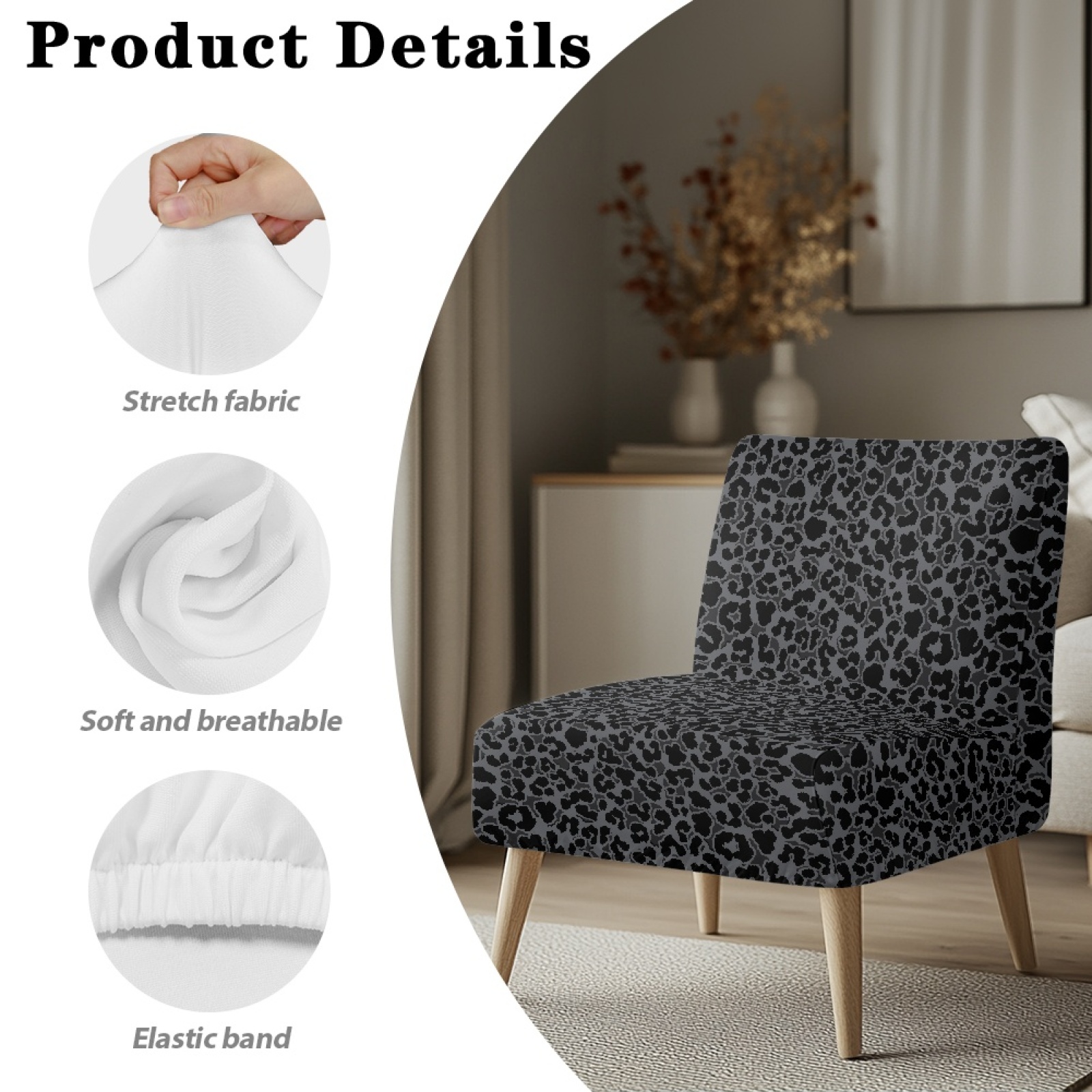 ZIATUBLES Armless Accent Chair Cover Stretch Soft Accent Chair Slipcover Non-Slip Spandex Couch Cover Machine Washable Chair Decor Protector Cover for Living Dining Room, Black Leopard Print