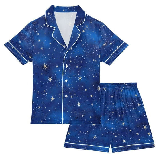 Silky Satin Kids' Pajama Set Breathable & Smooth Unisex Button-Down Pajamas Starry Night Sky Pattern