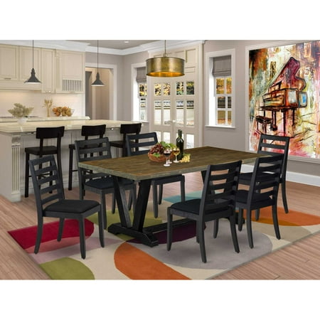 East West Furniture V677X1624-7 - 7-pc dining table set - a dining table & 6 stackable wooden chairs with Black Linen Fabric - Wire-brushed Black