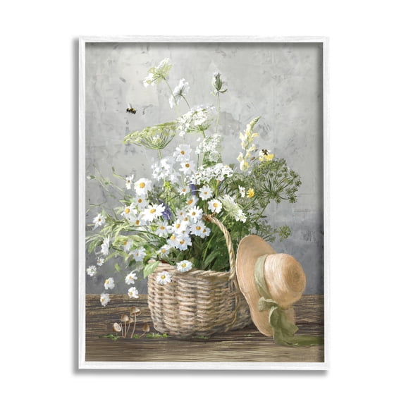 Stupell Industries Country Daisy Basket Botanical & Floral Painting White Framed Art Print Wall Art, 11 x 14