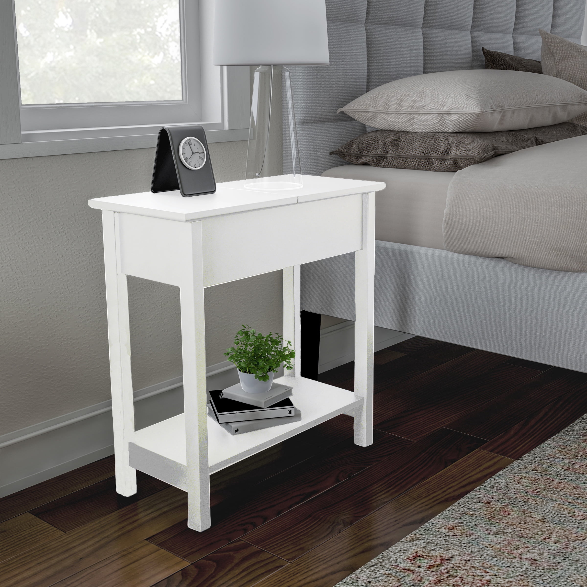 Lavish Home Narrow End Table with Storage Compartment and Shelf (White)