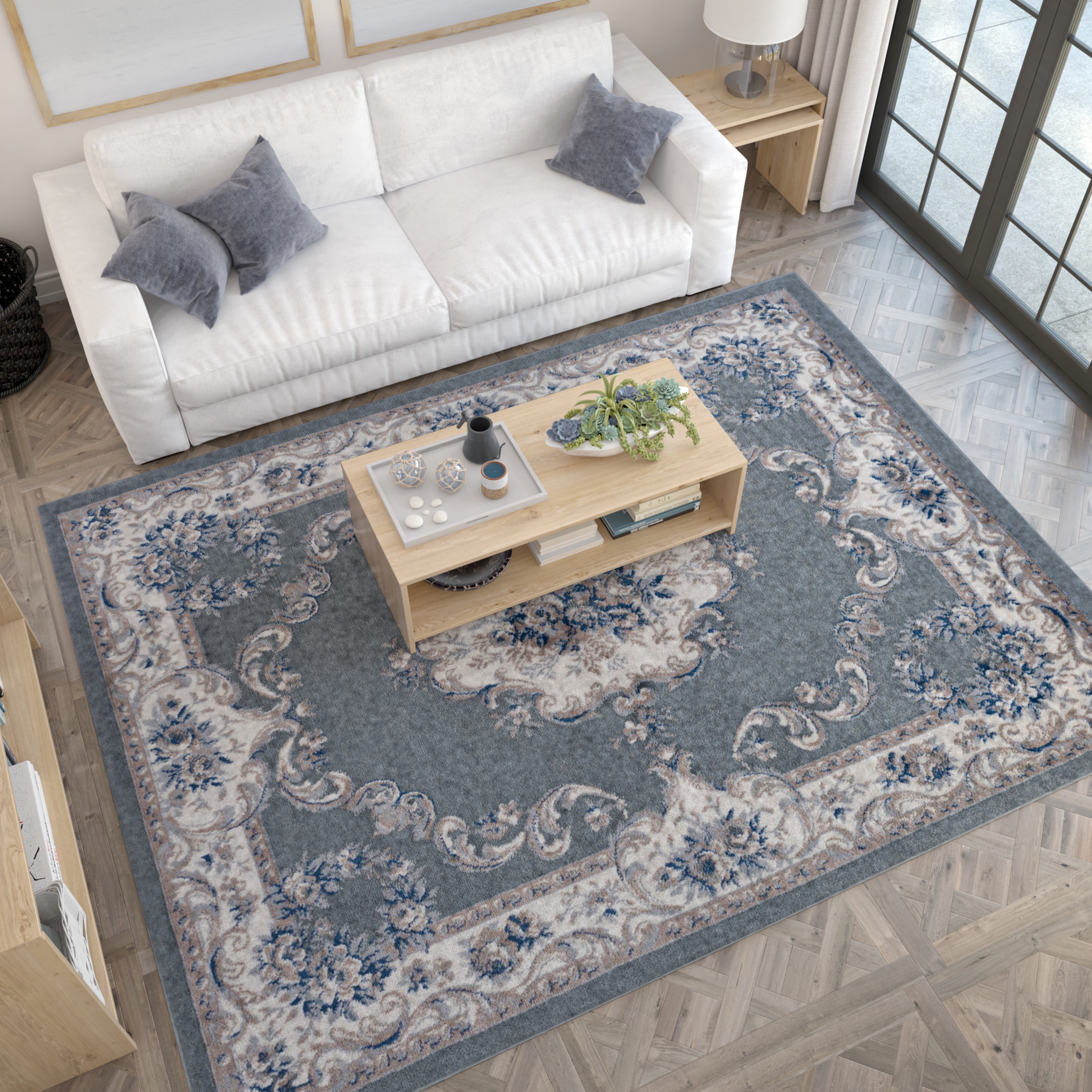 Hampton Traditional 5' x 7' Gray and Cream Polypropylene Indoor Area Rug