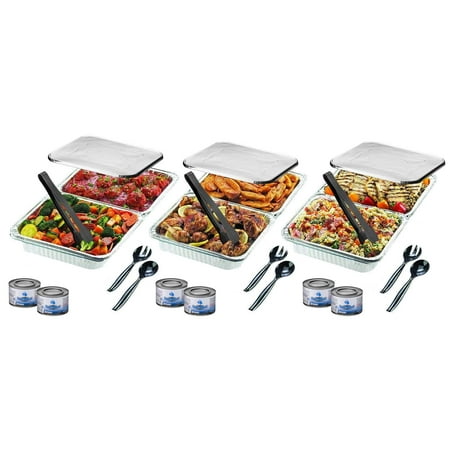 Chafer Water Pan - Disposable Chafing Pans Dish Set - 30-Piece Buffet Serving Chafer Combo Includes Full Size and Half Size Aluminum Steam Table Pans with Lids, Gel Fuel Cans and Serving Utensils