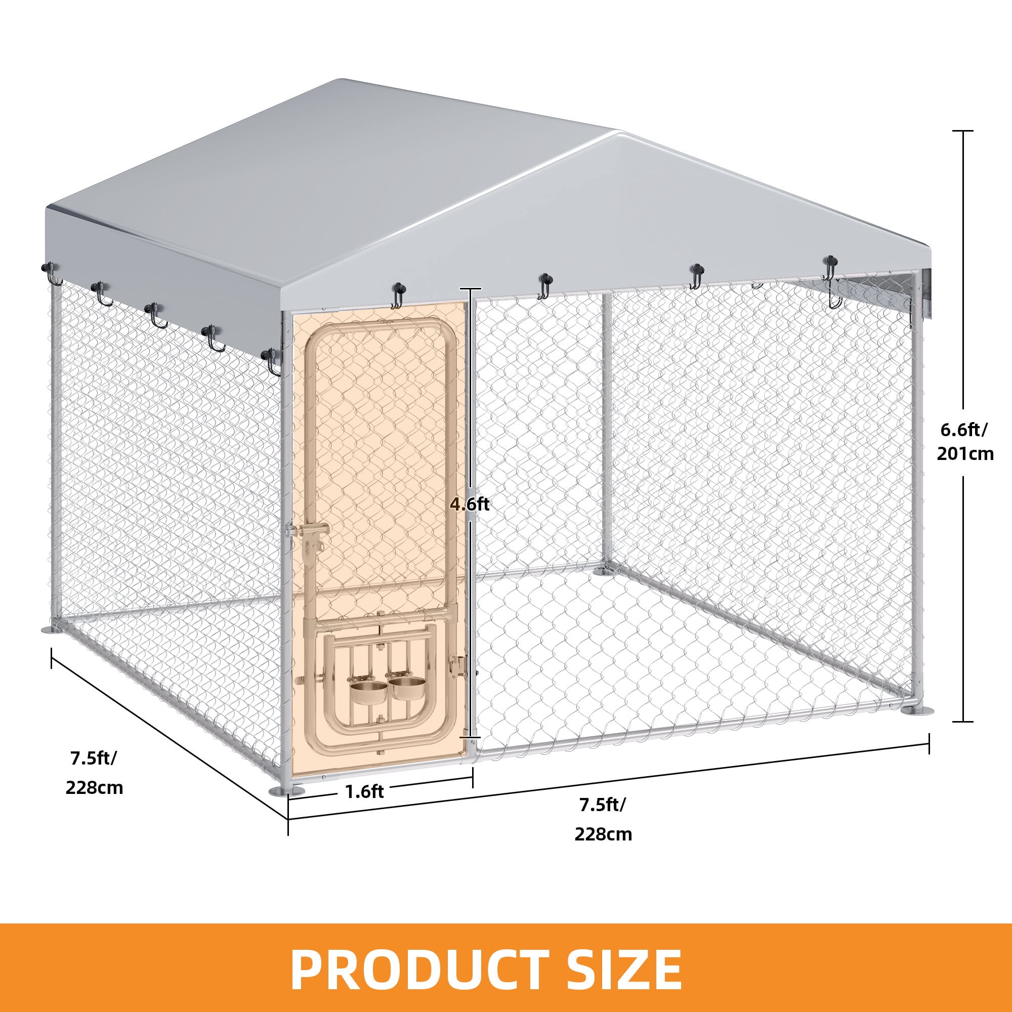 Uforic 7.5'x7.5' Outdoor Dog Kennel with Rotating Feeder & Roof, Heavy Duty for Backyard Farm