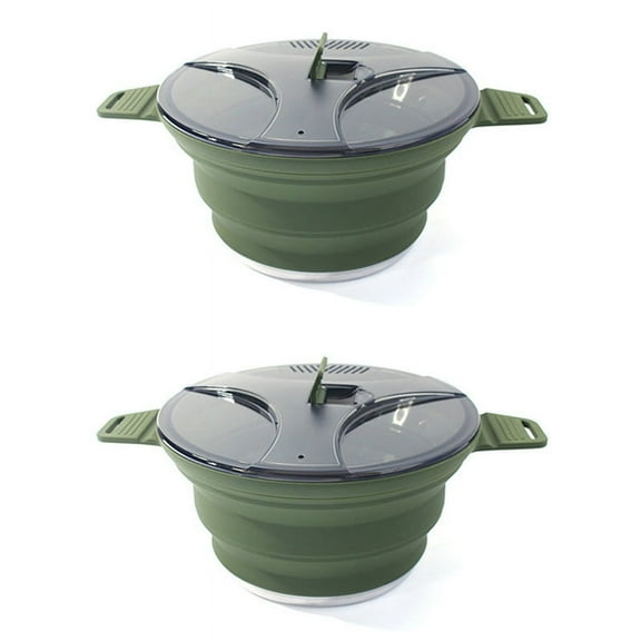 2X Outdoor Folding Pot Silicone Hiking Cooking Pot Portable Picnic Pot Stainless Steel Camping Cooker,Green