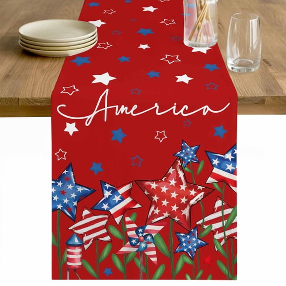 Independence Day Table Runner 70 Inches Long Farmhouse Dress Scarves, 4th of July Red Striped Stars Patriotic Dining Tablerunner for Coffee Table/Kitchen Island/Party Décor, 13" x 70"