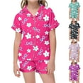 thumbnail image 5 of LRen Girls Casual Printed Lapel Collar Short Sleeve Button Down Shirt And Shorts Pajama Outfit Set For Toddlers Kids,8-9 Years,Z1-Purple, 5 of 5