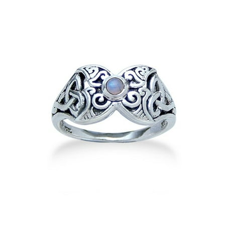 Triple Knot - Triple Moon and Celtic Trinity Knot Sterling Silver Filigree Crescent Genuine Rainbow Moonstone Ring