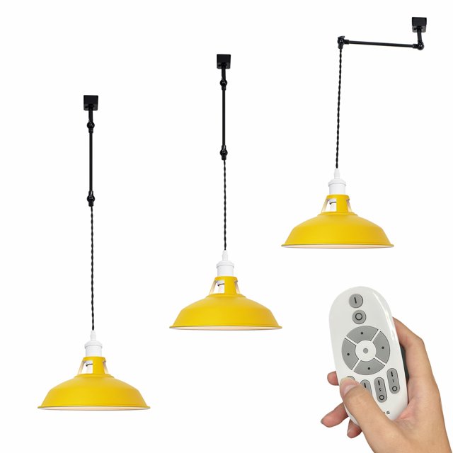 FSLiving J-Type Track Light Pendants with Cord Macaron Yellow Shade E26 Adjustable Remote Control with Dimmable Bulbs Track Mount Pendants for Sloped Vaulted Ceiling,Total Height 35.5in - Set of 3