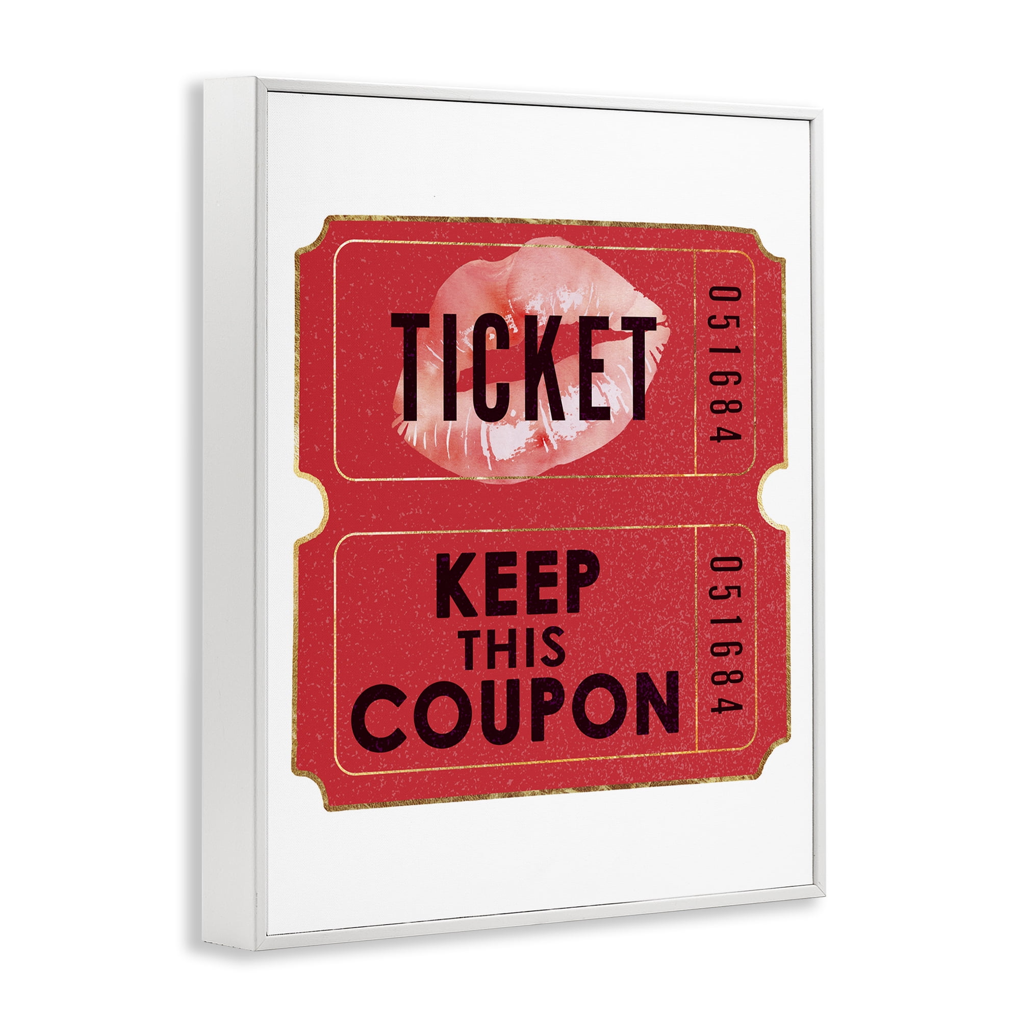 Stupell Industries Glam Kiss Ticket Novelty Painting White Framed Art Print Wall Art, 16 x 20