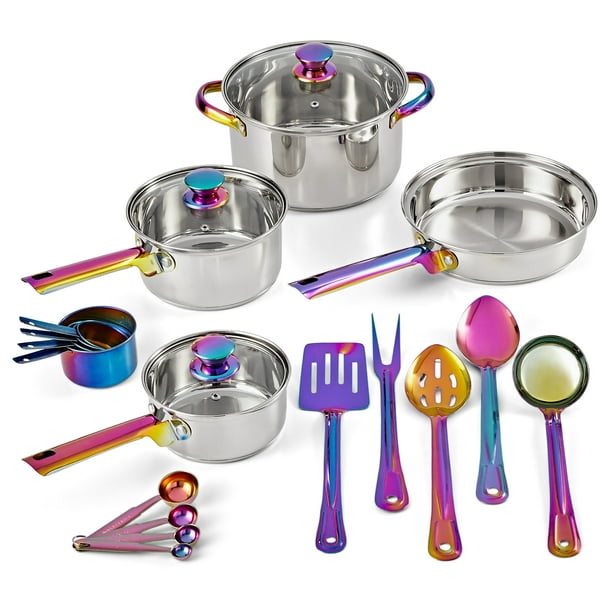 Mainstays Iridescent Stainless Steel 20Piece Cookware Set, with Kitchen Utensils and Tools